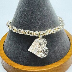 VTG Sterling Silver 925 Textured Heart Byzantine Link Bracelet Size 7" Length